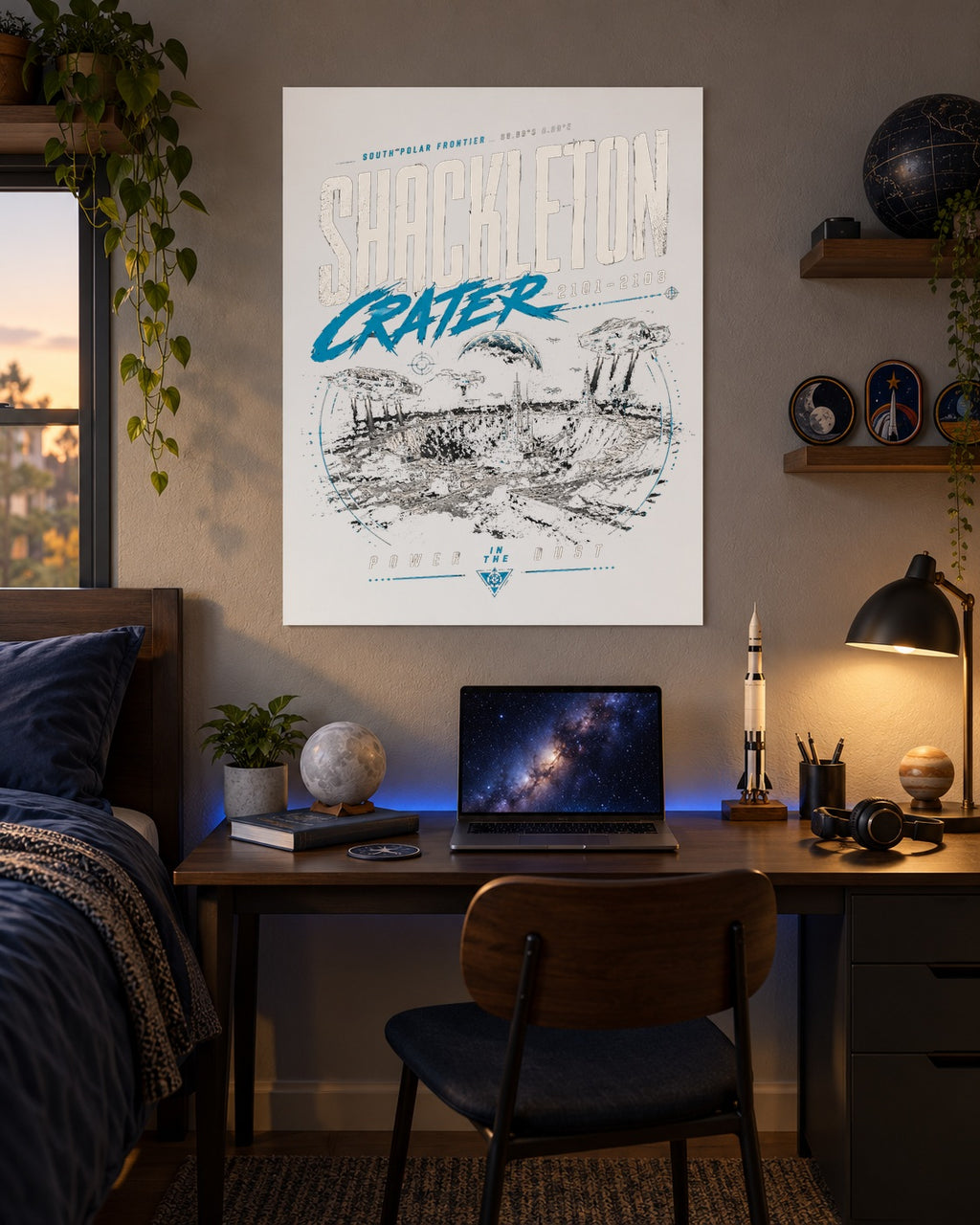 Lunar War 2101–2103 Shackleton Crater fine art poster displayed in a science-fiction fan’s college bedroom.