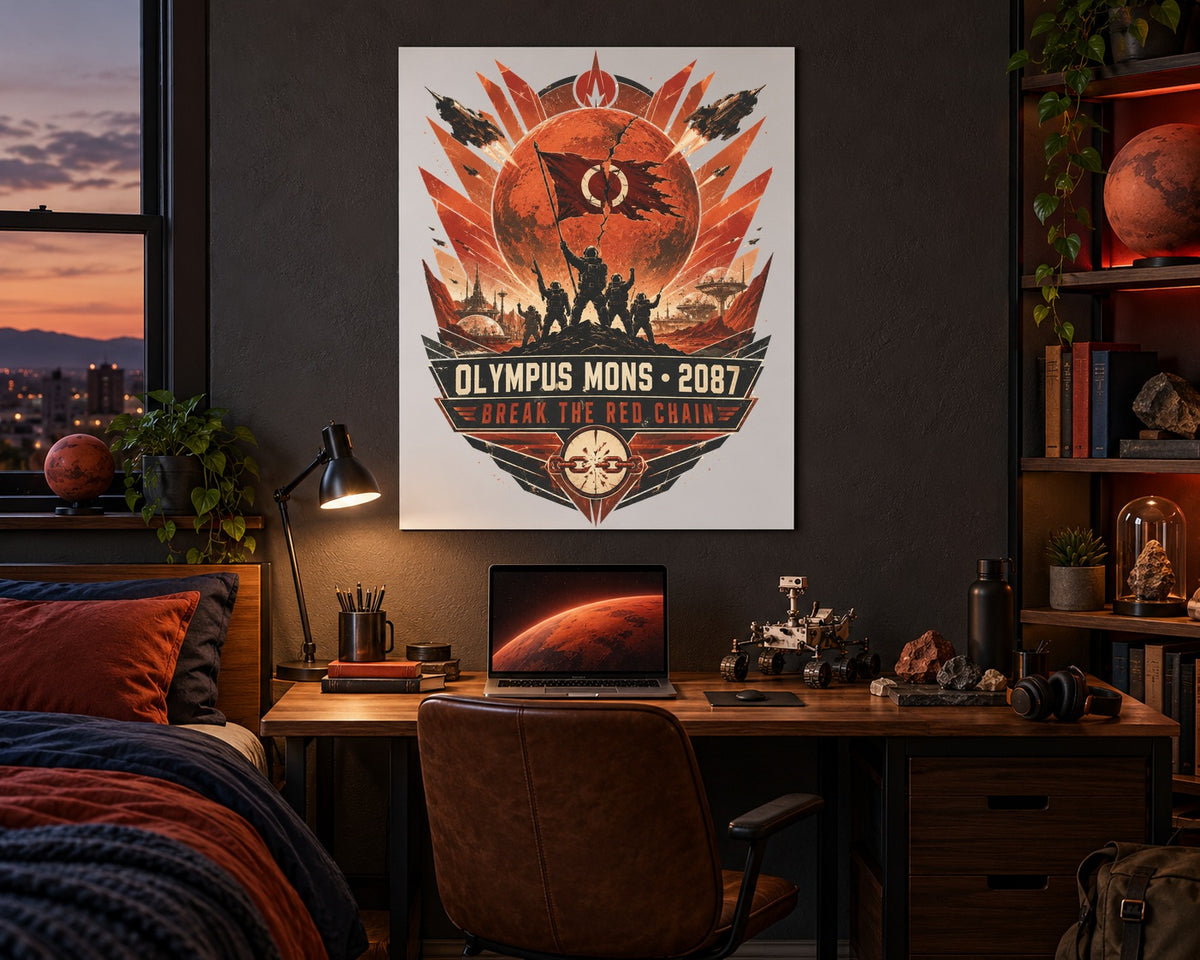 Martian Independence War 2087 Olympus Mons fine art poster displayed in a Mars-themed college engineering student bedroom.