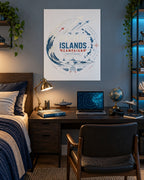 Pacific Islands Campaign 2055–2058 fine art poster displayed in a future naval and aviation-themed college student bedroom.